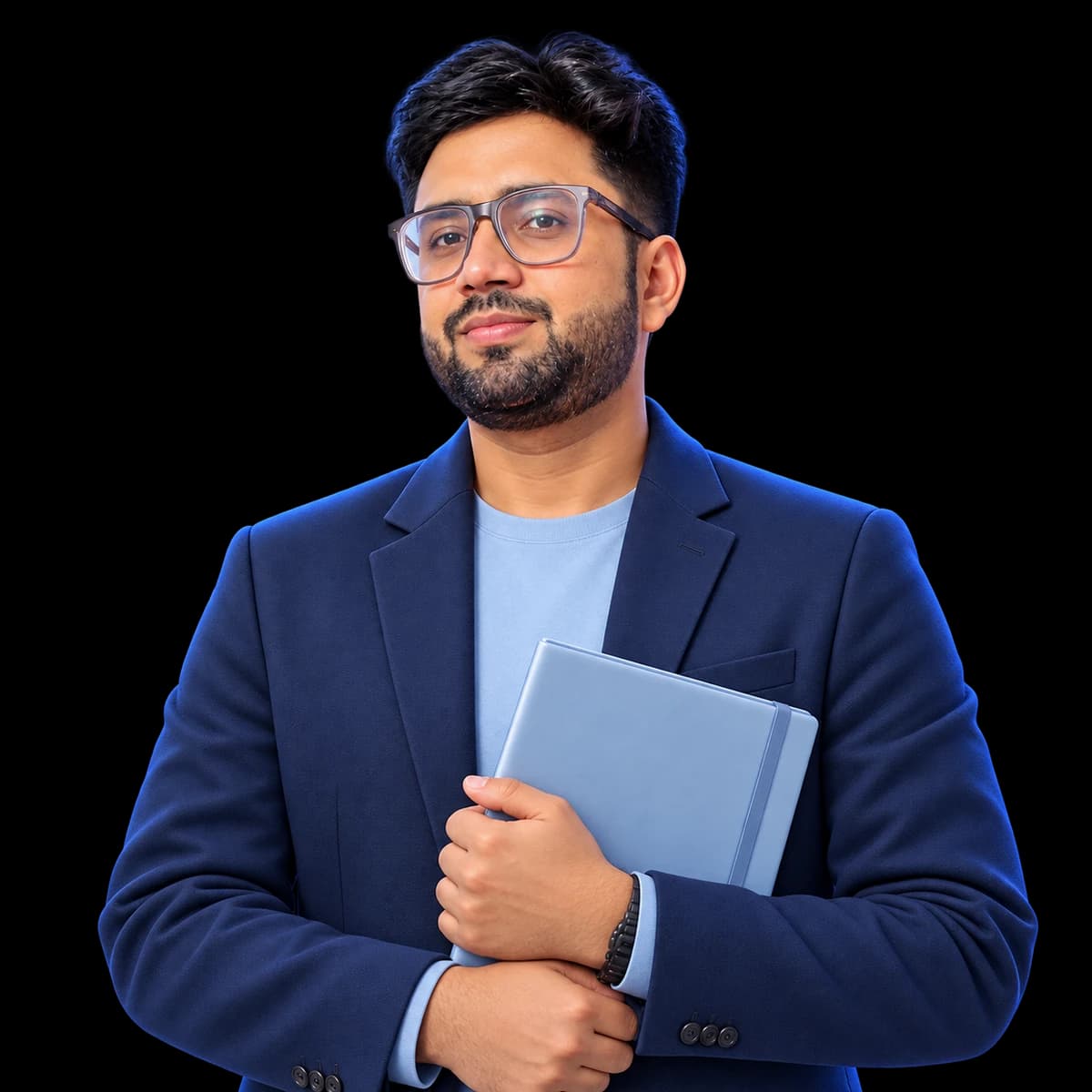 Founder-inspired 3D portrait with glasses, a navy blazer and an admissions folder