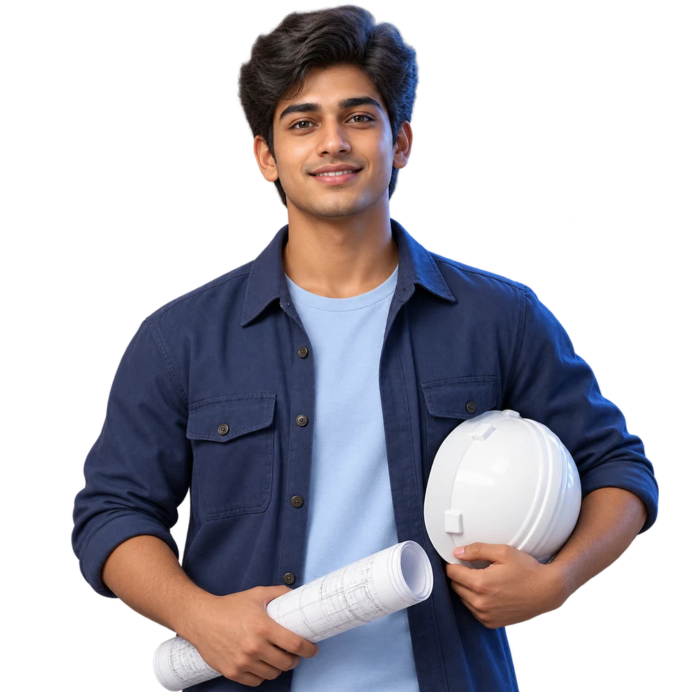 Illustrated engineering student with a hard hat and technical drawing