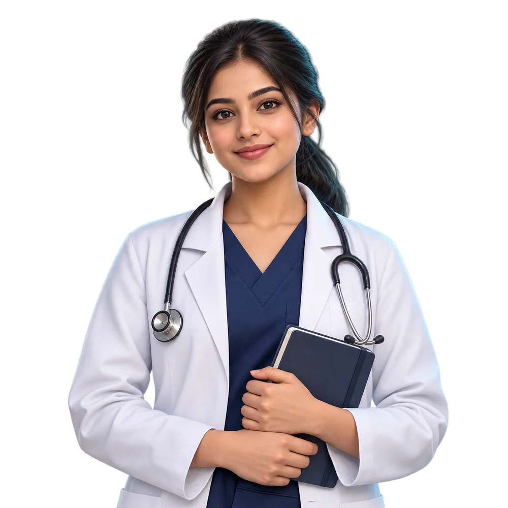Illustrated medical student in a white coat with a stethoscope and notebook